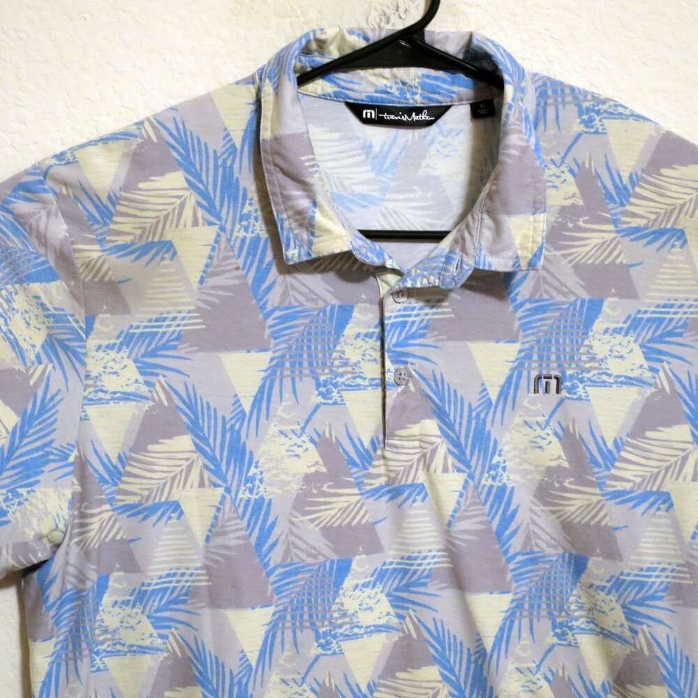 Travis Mathew Shirt Mens XL Short Sleeve Polo Golf Gray Blue Leaves Pima Cotton